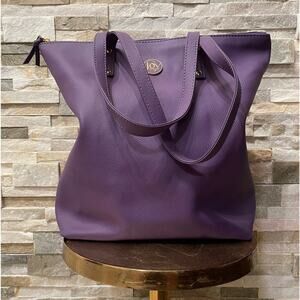 Joy Mangano Leather Tote | Purple Zip Top Bag, Gold Logo, Clean Interior NWOT